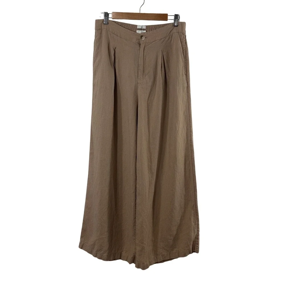 Halston Womens 100%‎ Linen Wide Leg Pants Tan Khaki High Rise Pleated Size 10